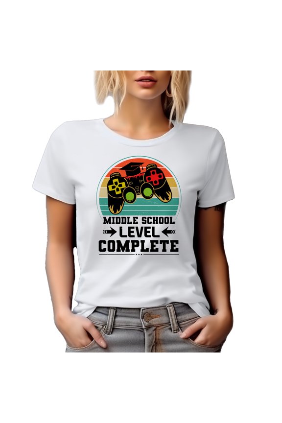 Middle School Level Complete, Video Gamer Student Graduation Themed, White T-Shirt, Medium