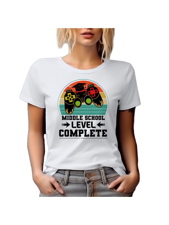 Middle School Level Complete, Video Gamer Student Graduation Themed, White T-Shirt, Small