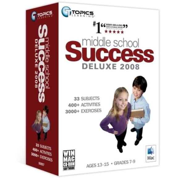 Middle School Success Deluxe 2008 PC Software - 33 Subjects within Mathematics, English Comprehension, Social Studies, Science, Foreign Languages and Typing