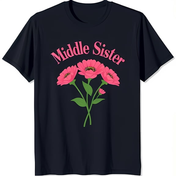 Middle Sister Black T-Shirt with Pink Lettering & Floral Design Cute