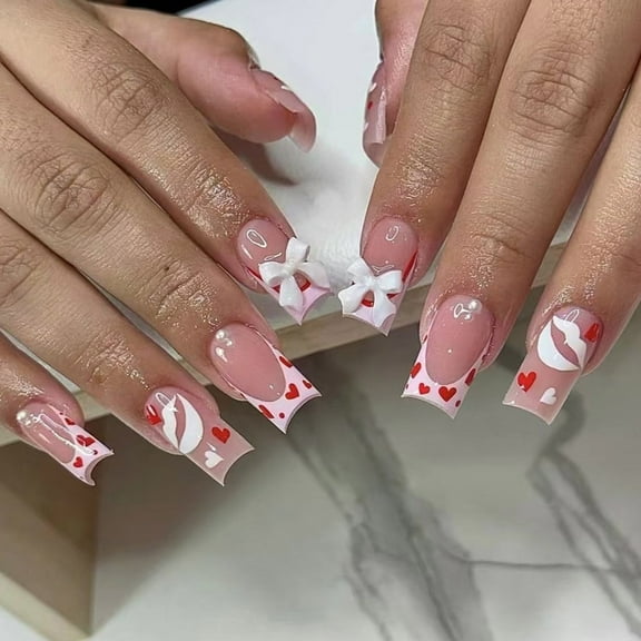 Middle Square Acrylic Nails 24Pcs Press on Nails with Bows Designs French Nails Art Tips Ornament for a Stylish Look