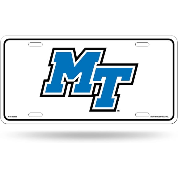 Middle Tennessee State University Blue Raiders Metal Auto Tag License Plate, White Design, 6x12 Inch