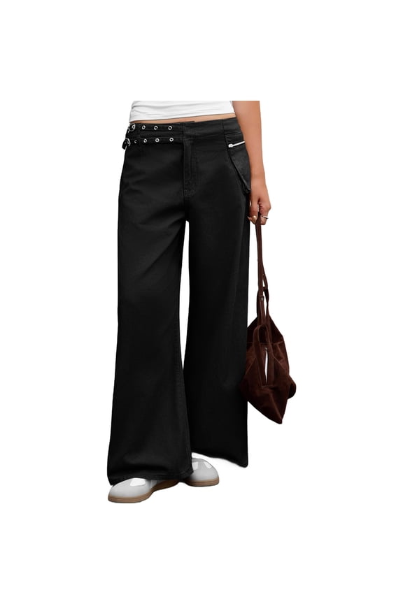 Middle Waist Women Wide Leg Jeasn Casual Denim Pants with Buckle