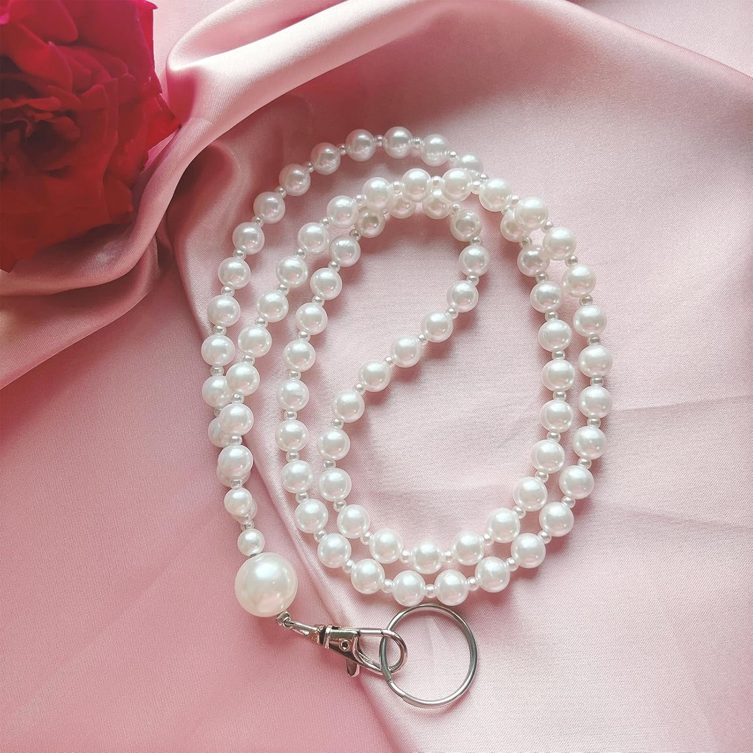 Middle White Pearl Lanyard for Women for ID Badges Name Tag and Keys Light Weight Acrylic Faux Pearls Sweet Teacher Lanyards Holder$$Office