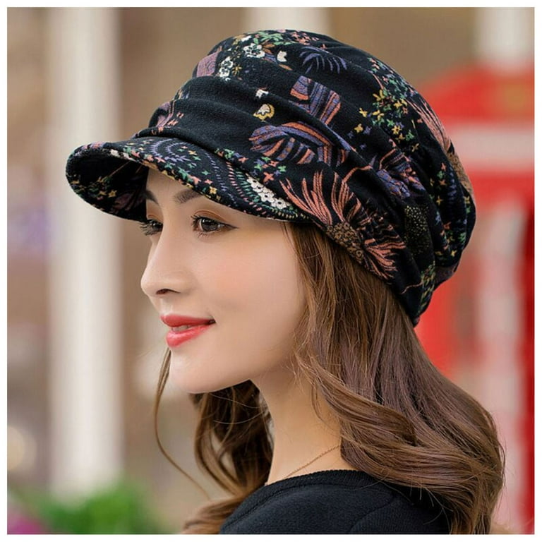 Middle-aged and Elderly Women's Hats Simple Style All-matching Durable Hats  for Mothers Grandma Elder Relatives Black Leaves Thickened With Velvet