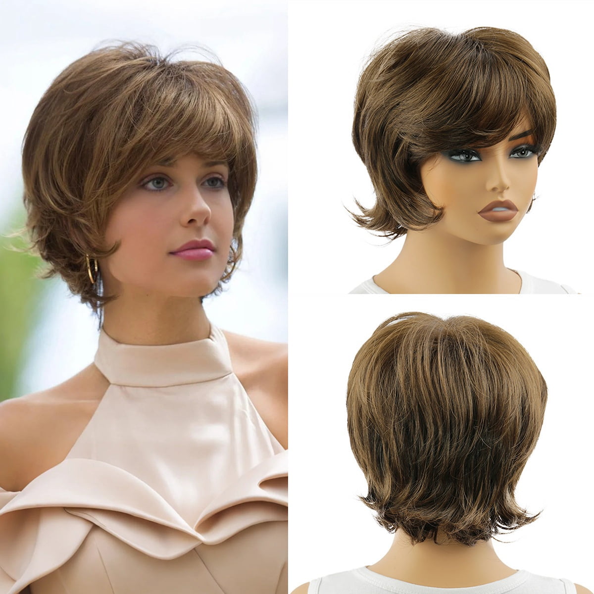 Middle-aged and elderly women's wigs with short curly hair, slightly curly wigs, high-temperature silk oblique bangs, mother's hairstyle