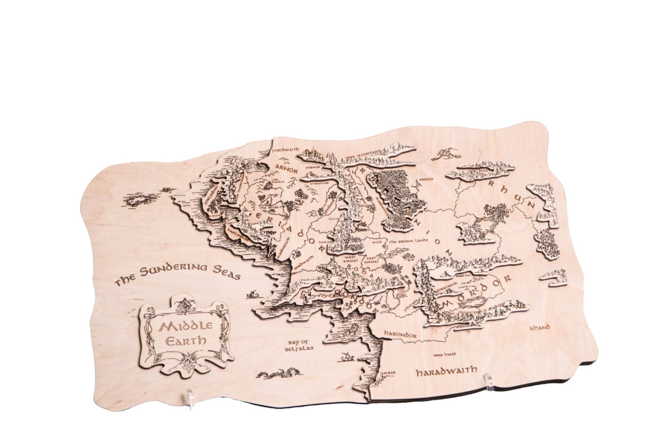 Middle-earth Wooden Map Fan Art – Lord of the Rings Inspired Decor – Laser Engraved Birch Wood Fantasy Map with Acrylic Stands – Hobbitcore Gift for Tolkien Fans (19.7" x 11.4")