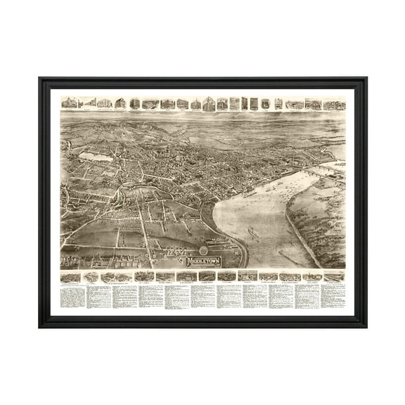 Middletown Art, 1915 Vintage Map of Middletown Connecticut, CT History Wall Decor Gift, Old Middletown Map - 24" x 18" Black Framed Print