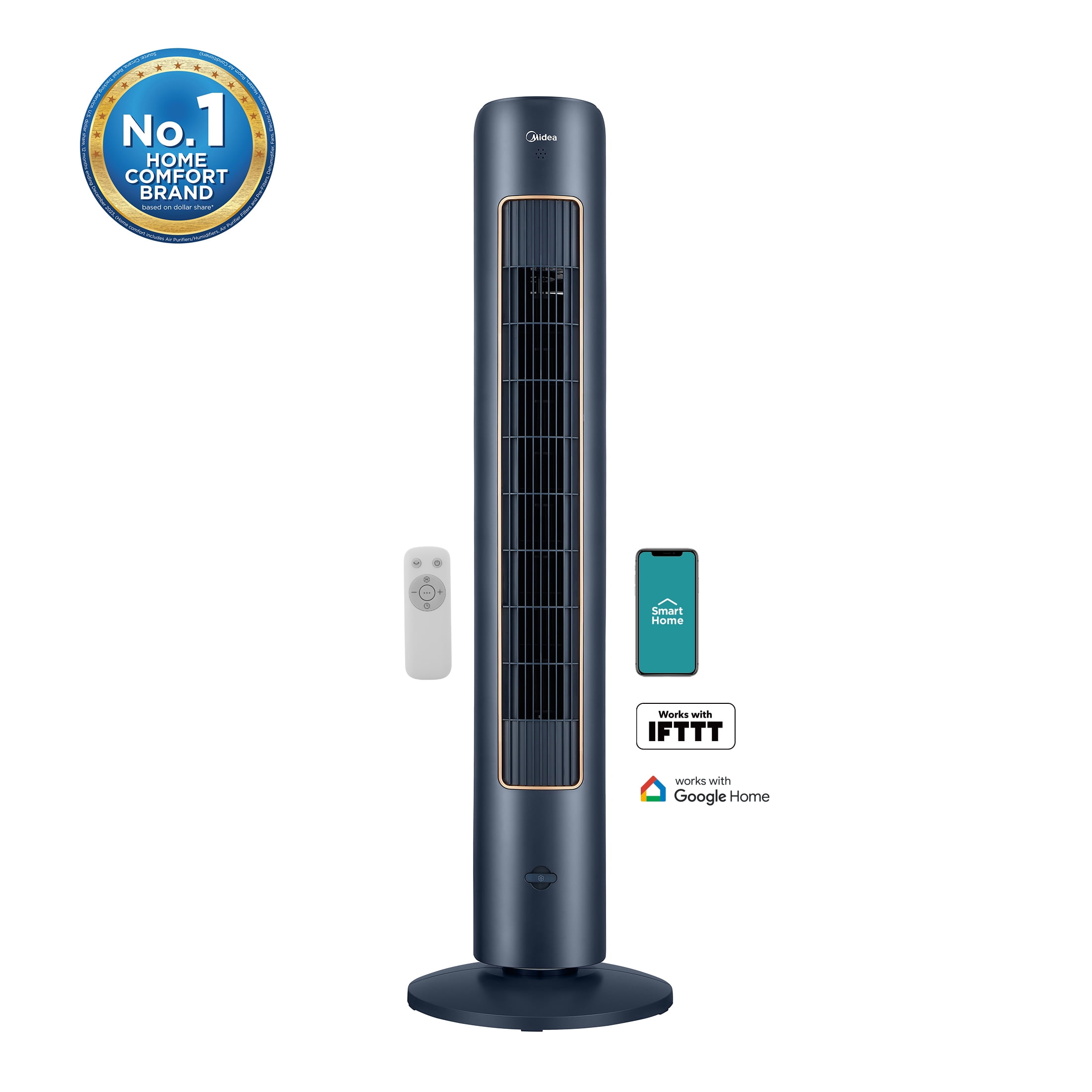 Midea 42" Blue Smart Tower Fan with Remote and Wi-Fi