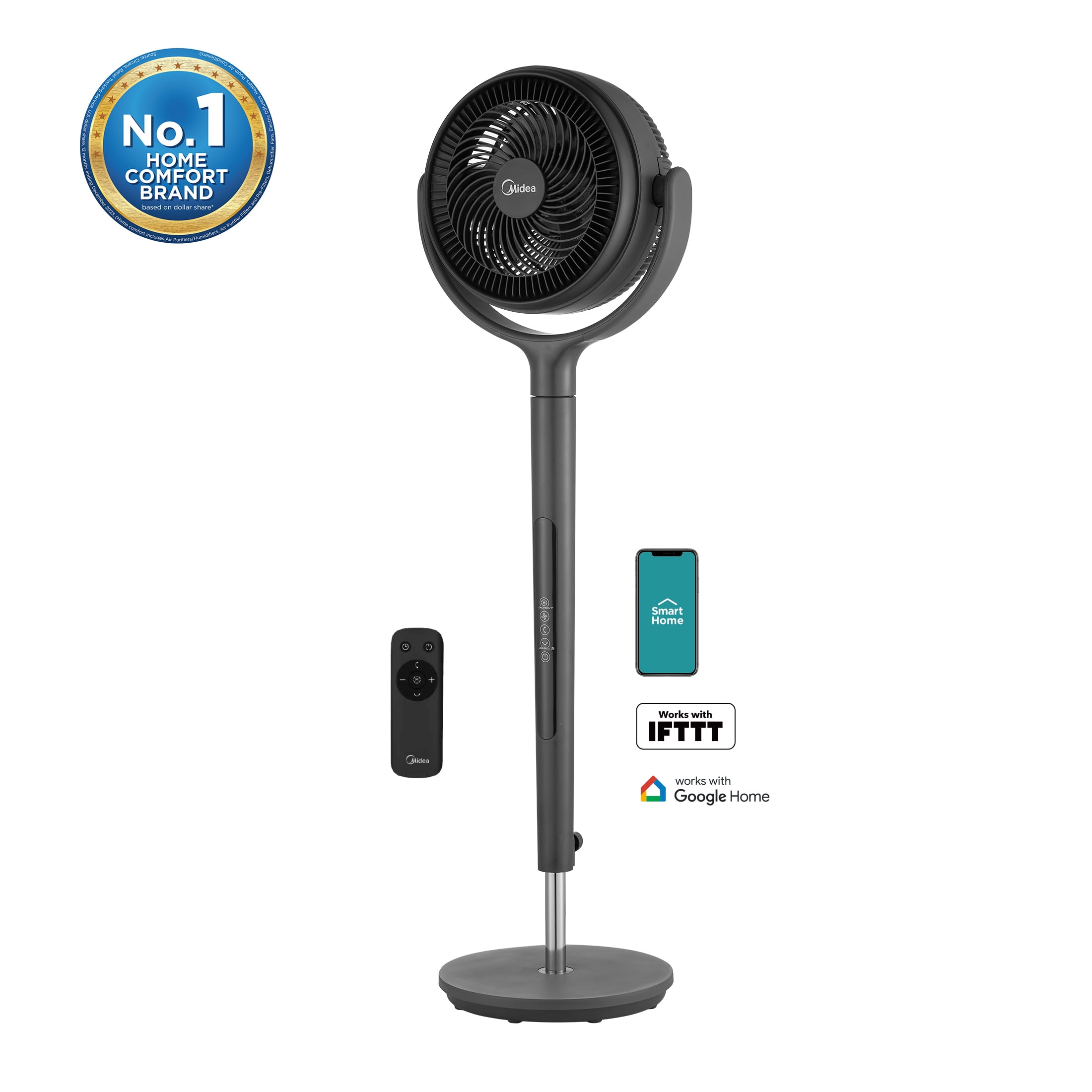 Midea 44" Tall 12-Speed Smart Pedestal Fan with Air Circulator, Model MSFS07RW6GB, Black