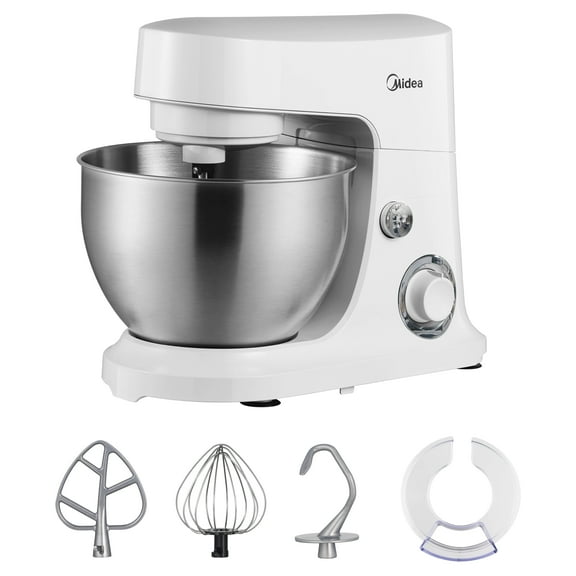 Midea 5-Quart White Stand Mixer, 300W Tilt-Head Dough Stand Mixer with Bowl, Whisk & Splash Guard Attachments