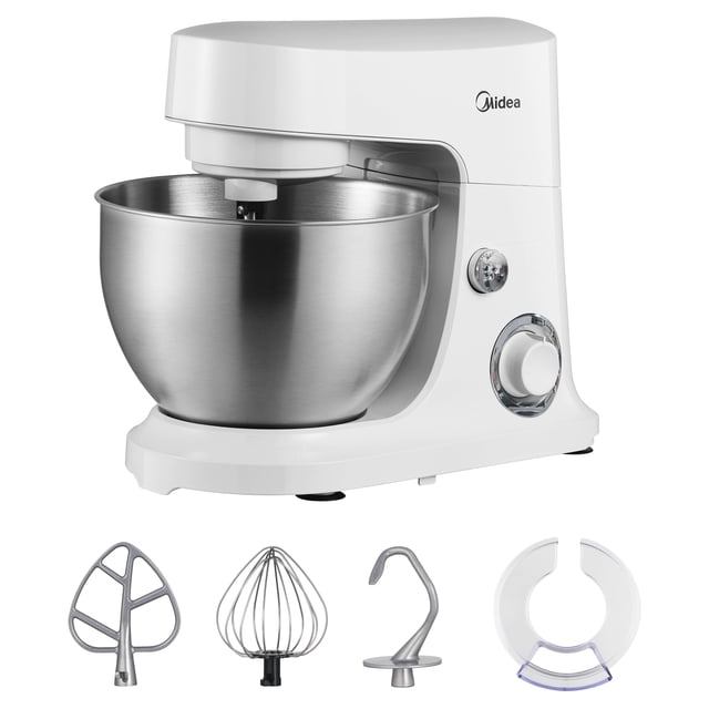 Midea 5-Quart White Stand Mixer, 300W Tilt-Head Dough Stand Mixer with Bowl, Whisk & Splash Guard Attachments