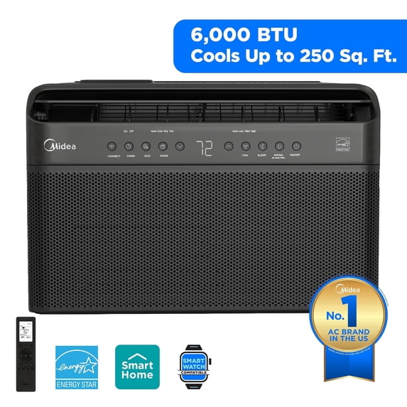 Midea 6,000 BTU Smart Window Air Conditioner, U-Shaped Inverter, Ultra Quiet, Wi-Fi, Remote, Easy Install, Energy Efficient, Cools 250 Sq Ft, Black