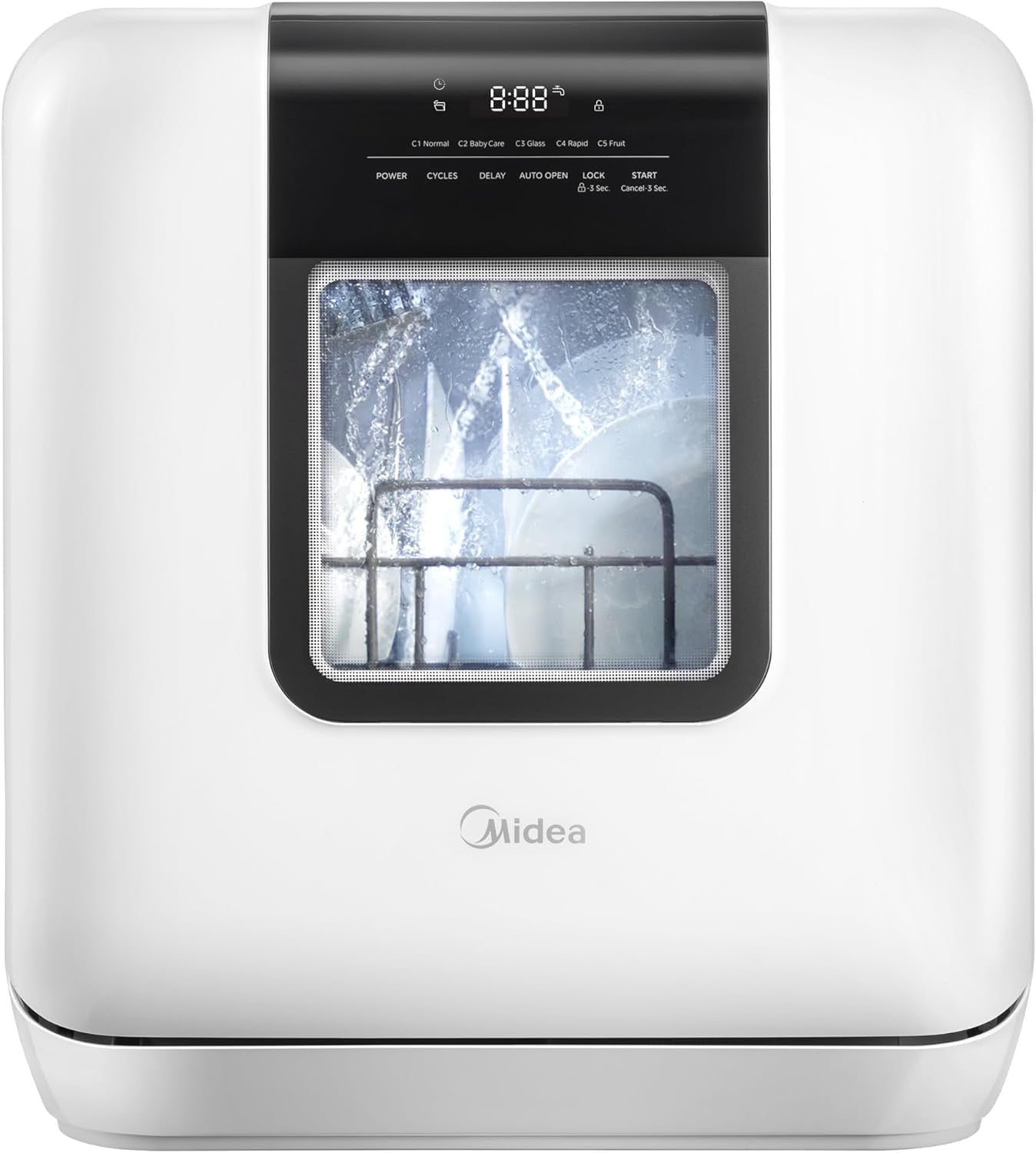 Midea Portable Countertop Dishwasher, 6-Liter Tank, Auto Open Door, 7 Wash Programs, UV Hygiene, White