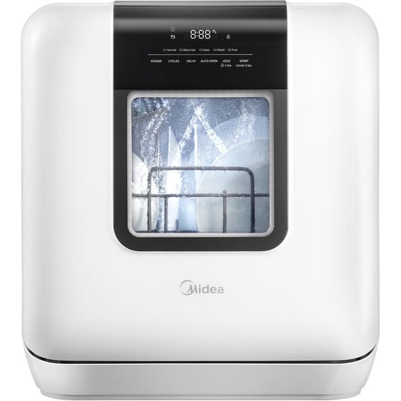 Midea Portable Countertop Dishwasher, 6-Liter Tank, Auto Open Door, 7 Wash Programs, UV Hygiene, White