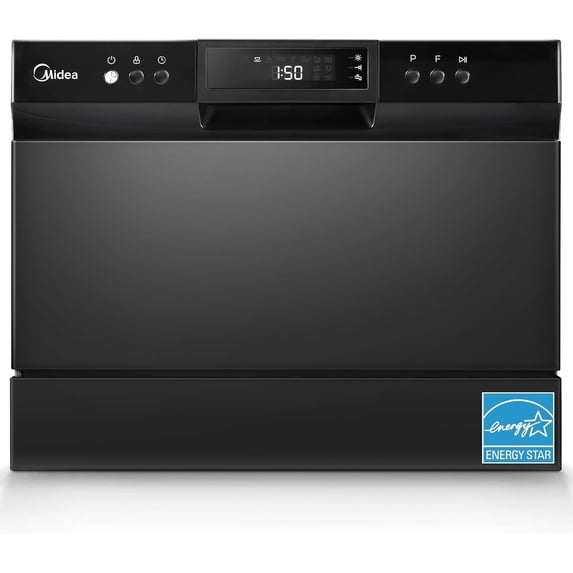 Midea Countertop Dishwasher, 6 Place Settings, 8 Wash Programs, Power Wash, Easy Install, Black Stainless