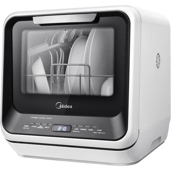 Midea Portable Countertop Dishwasher, 5-Liter Tank, 6 Wash Program, Sanitize, See-Thru Window, White