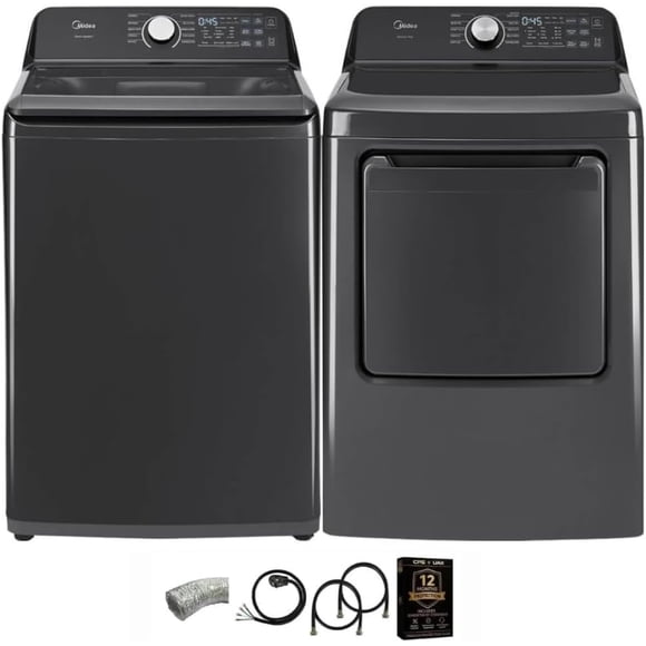 Midea MLTW44A4BGK1 Black Smart Laundry Pair 4.4 Cu Ft Top Load Washer and 7 Cu Ft Electric Dryer Bundle 10 Cycles 4 Te