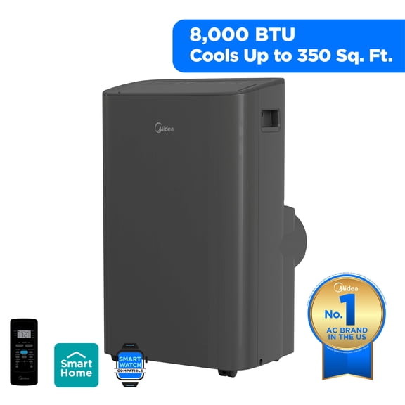 Midea 8,000 BTU, 115V, Smart Portable Air Conditioner, 250 Sq.Ft. MAP08S1XWGR-T, Gray, New