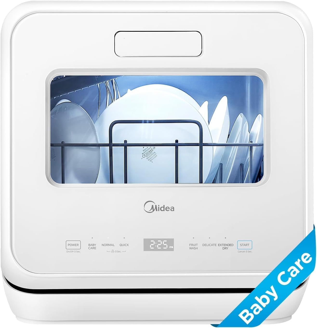 Midea Portable Countertop Dishwasher, 5-Liter Tank, Auto Open Door, 5 Wash Programs, UV Hygiene, White