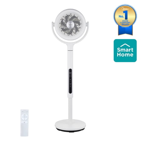 Midea Adjustable Pedestal Fan, 12 Speed, Auto Oscillation, Dust Filter, Smart, Remote, 33.9-44.1", White