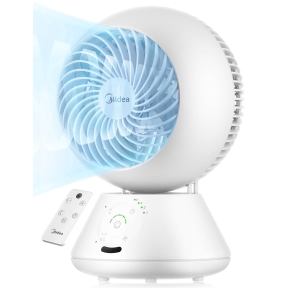 Midea 6" Table Fan, 5 Speed, 85° Auto Oscillation, Remote, Quiet, White