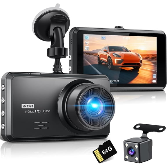 Miden S7 4K Dash Cam Front and Rear, 64G SD Card,2160P+1080P FHD Dual Dash Camera for Cars,176+160 Wide Angle,3.2'' IPS Screen Dashcam,Loop Recording,G-Sensor,WDR,24H Parking Monitor,Night Vision