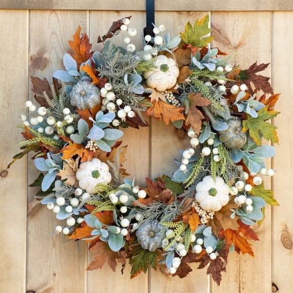 Fall Wreaths for Front Door 18 Inch, Summer Wreath with Berry Pumpkin, Maple Leaves, Thanksgiving Harvest Festival Decorations Indoor and Outdoor