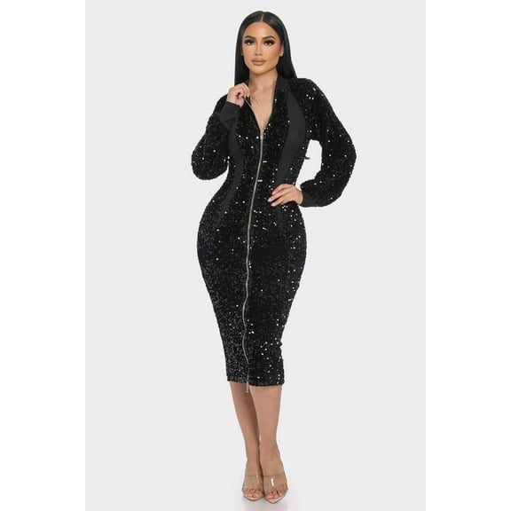Midi 2 Way Zip Up Sequin Contrast Dress