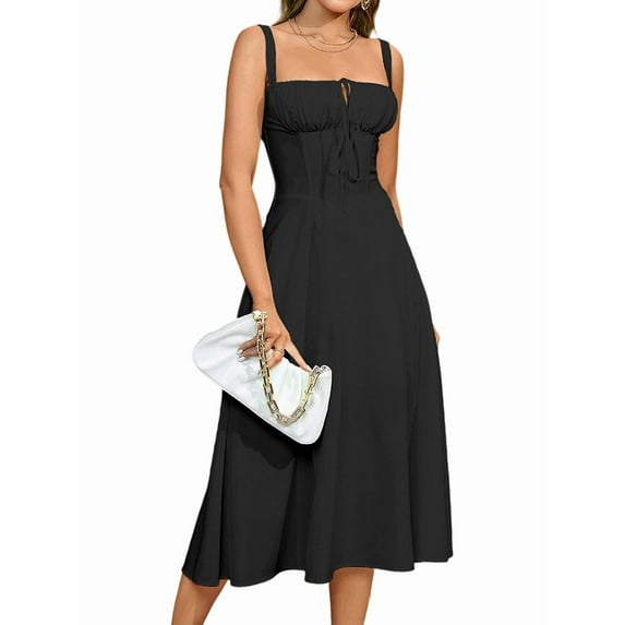 Midi Corset Dress Flowy Slit Lace Up Dresses for Women Tea Party A Line Casual Sundress Black M