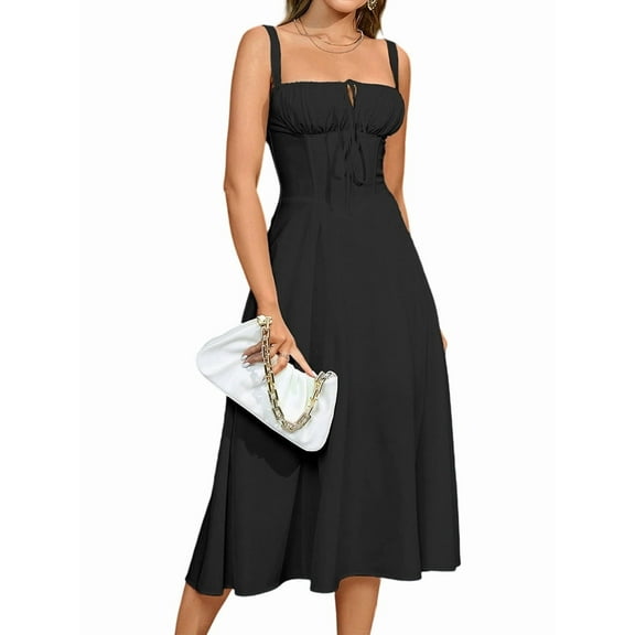 Midi Corset Dress Flowy Slit Lace Up Dresses for Women Tea Party A Line Casual Sundress Black S
