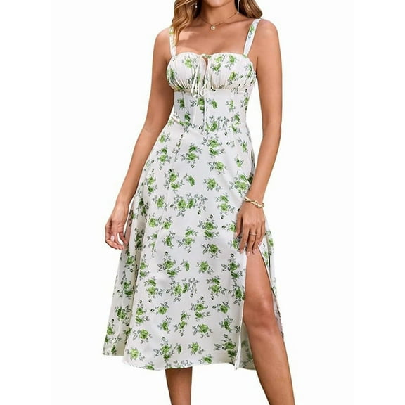 Midi Corset Dress Flowy Slit Lace Up Dresses for Women Tea Party A Line Casual Sundress Light Green S