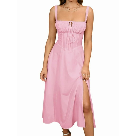 Midi Corset Dress Flowy Slit Lace Up Dresses for Women Tea Party A Line Casual Sundress Pink M