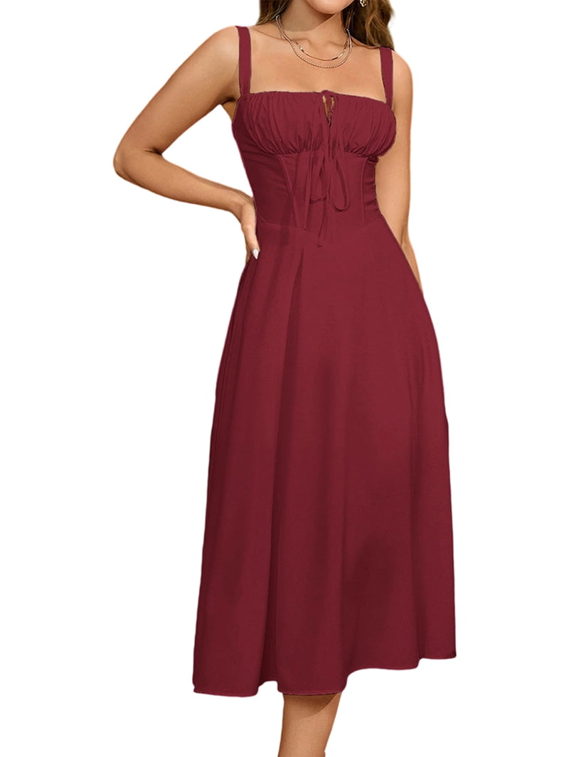 red corset flowy dress Cap Sleeve Pleated Maxi Dress