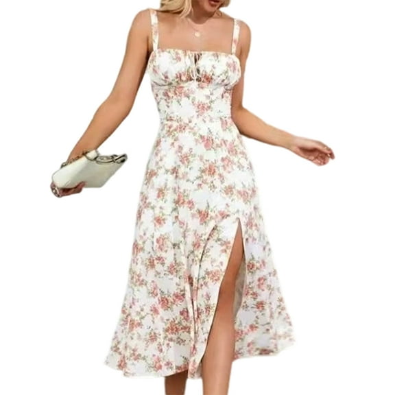 Midi Corset Dress Flowy Slit Lace Up Dresses for Women Tea Party A Line Casual Sundress Rose Flowers S