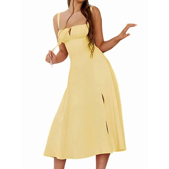 Midi Corset Dress Flowy Slit Lace Up Dresses for Women Tea Party A Line Casual Sundress Yellow XL