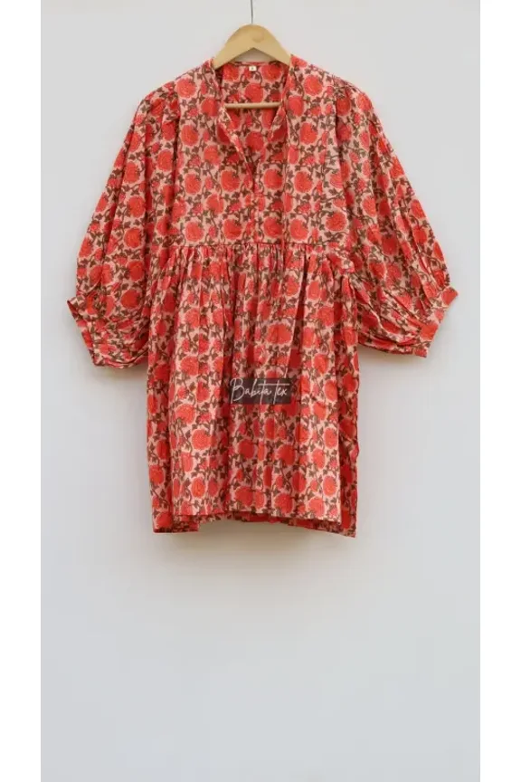 Midi Dress, Mini Dress, Floral Long Block Print Dress, Deep Neck with string closer