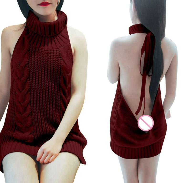 Midi Dress Spring New Backless Sleeveless Tie Front Knit Dress Longline Japanese Sweater Walmart
