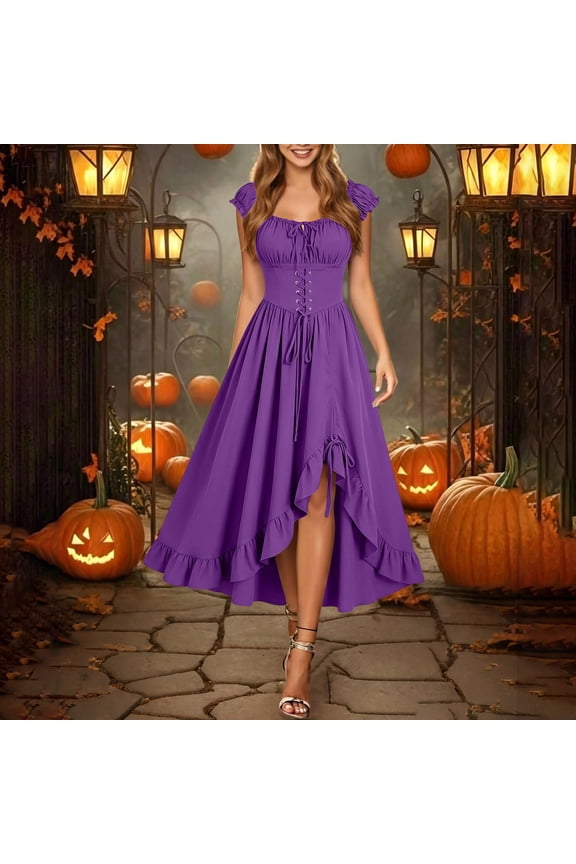 Midi Dress for Women Halloween Witch Costume Sleeveless Dress Gothic Ruffled Lace Up Dress with Adjustable Slit Outfit for Party Renaissance Fair Masquerade