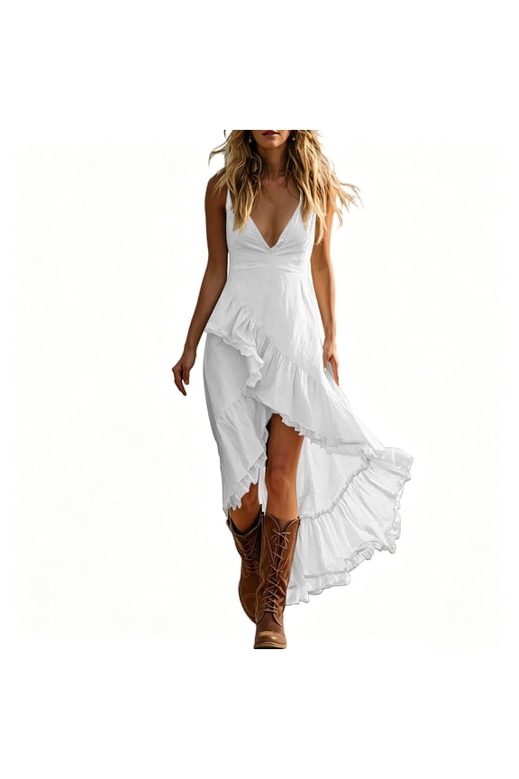 Midi Dress For Women Sleeveless V Neck Asymmetrical Ruffle Hem Sundress for Vacation Dinner Weekend Party Resort Evening Casual Gathering Style Summer