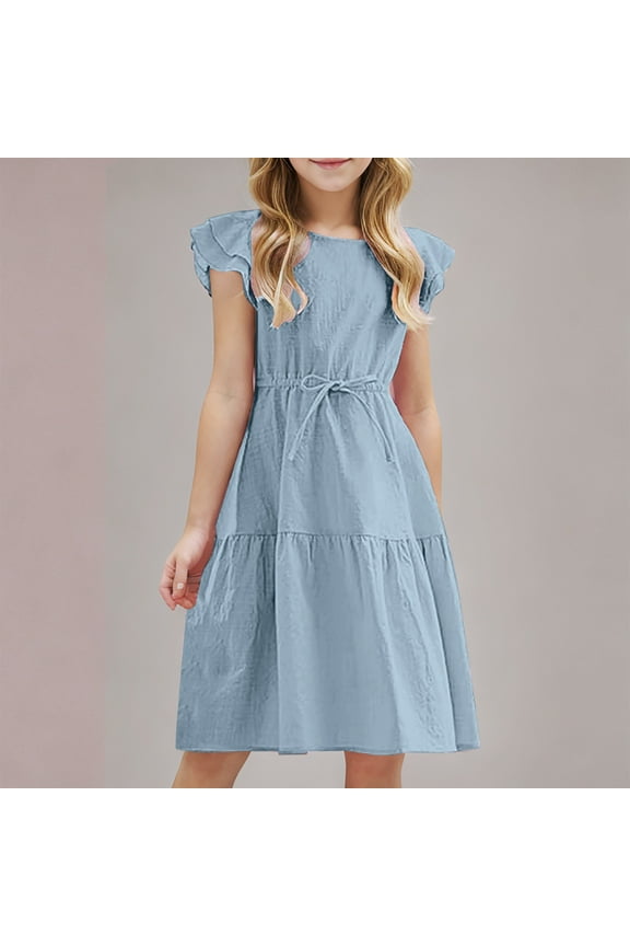 Midi Dress for Teens Girls Cotton-Linen Cute Ruffles Cap Sleeve Crew Neck Drawstring High Waisted Juniors Solid Lightweight Dress Size 4-14