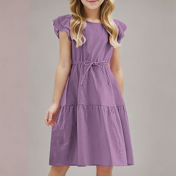 Midi Dress for Teens Girls Cotton-Linen Cute Ruffles Cap Sleeve Crew Neck Drawstring High Waisted Juniors Solid Lightweight Dress Size 4-14