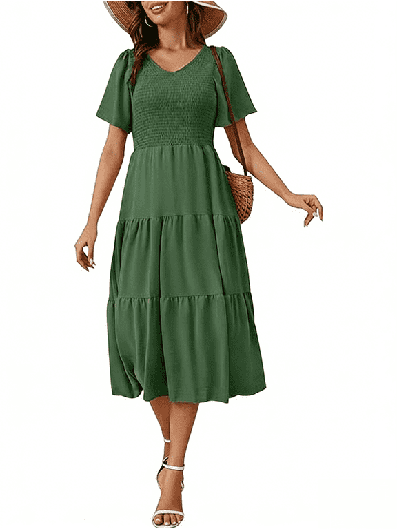 Midi Dress for Women, Casual Summer Sundress, Smocked Ruffle Long Beach Dresses for Women 2026