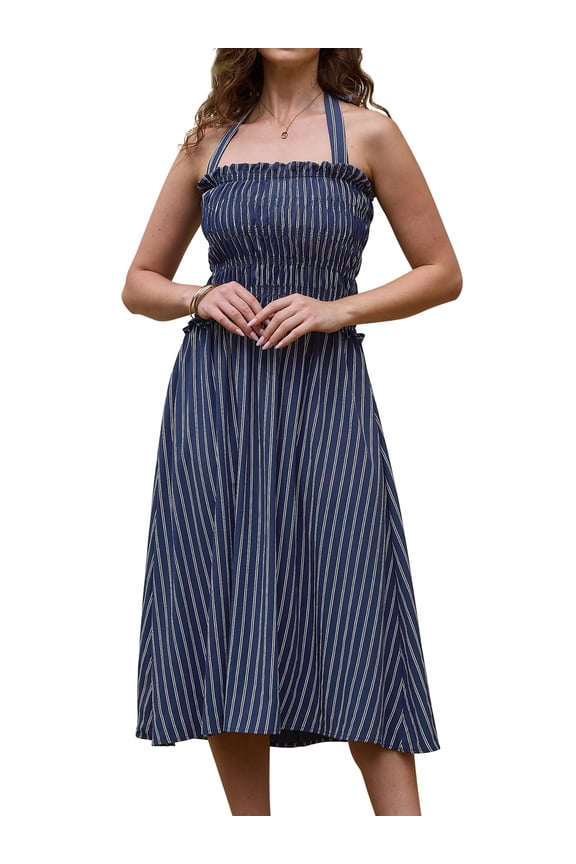 Women's Halter Neck 2026 Summer Smocked Striped Midi Dresses XL Dark Blue
