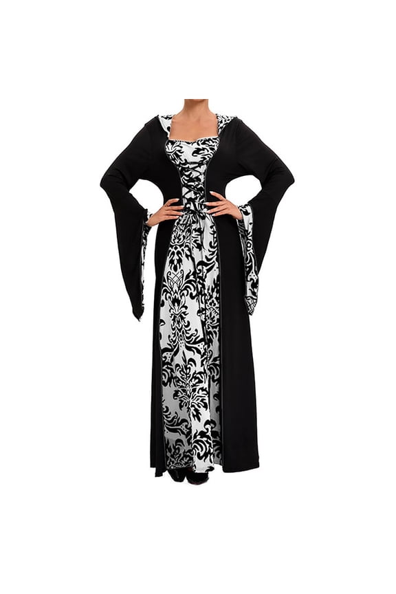 Midi Dress for Women Medieval Dress Rules Hemline Double Women's Stand Collar Big Ancient Long Skirt Long Sleeve Round Neck Dress S-298 White 5XL
