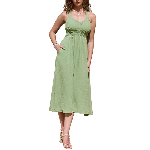 Midi Dress for Women's V Neck Sleeveless A-line Backless Beach Sundress L Bean Green
