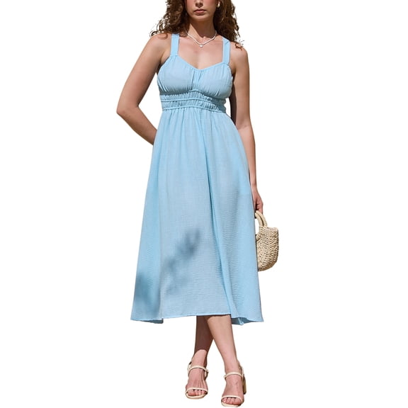Midi Dress for Women's V Neck Sleeveless A-line Backless Beach Sundress M Light Blue