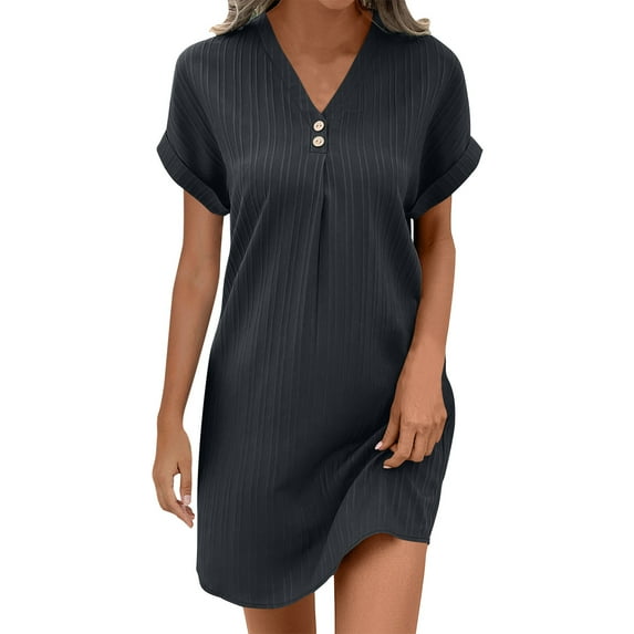 Midi Dresses For Women A-Line V-Neck Rolled Short Sleeve Solid Color Mini Shoert Dresses for Women Trendy Dark Gray S