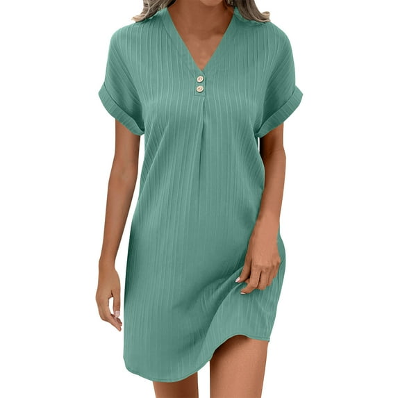 Midi Dresses For Women A-Line V-Neck Rolled Short Sleeve Solid Color Mini Shoert Dresses for Women Trendy Green XL