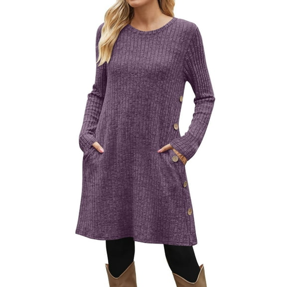 Midi Dresses For Women Sevevn Women's Long Sleeve Dress Tunic Sweater Dresses with Pockets Fashion 2025 Buttons Side